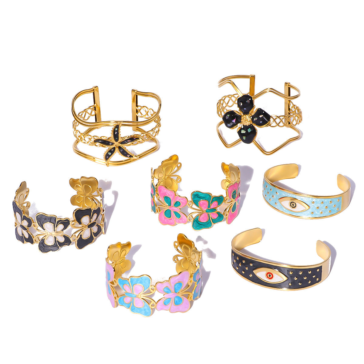 Chunky Stainless Steel 18K Gold Plated Women's Fashion Jewelry Cuff Bracelets Colorful Enameling Bangle Gift