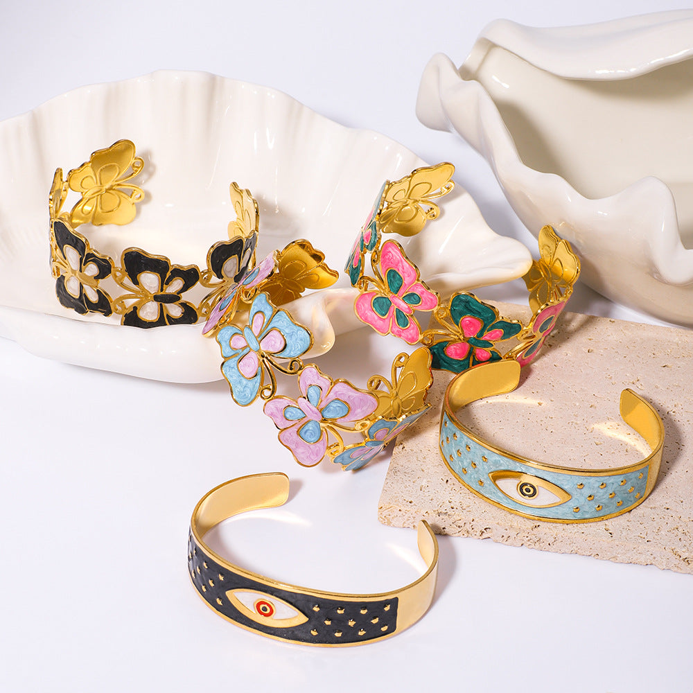 Chunky Stainless Steel 18K Gold Plated Women's Fashion Jewelry Cuff Bracelets Colorful Enameling Bangle Gift
