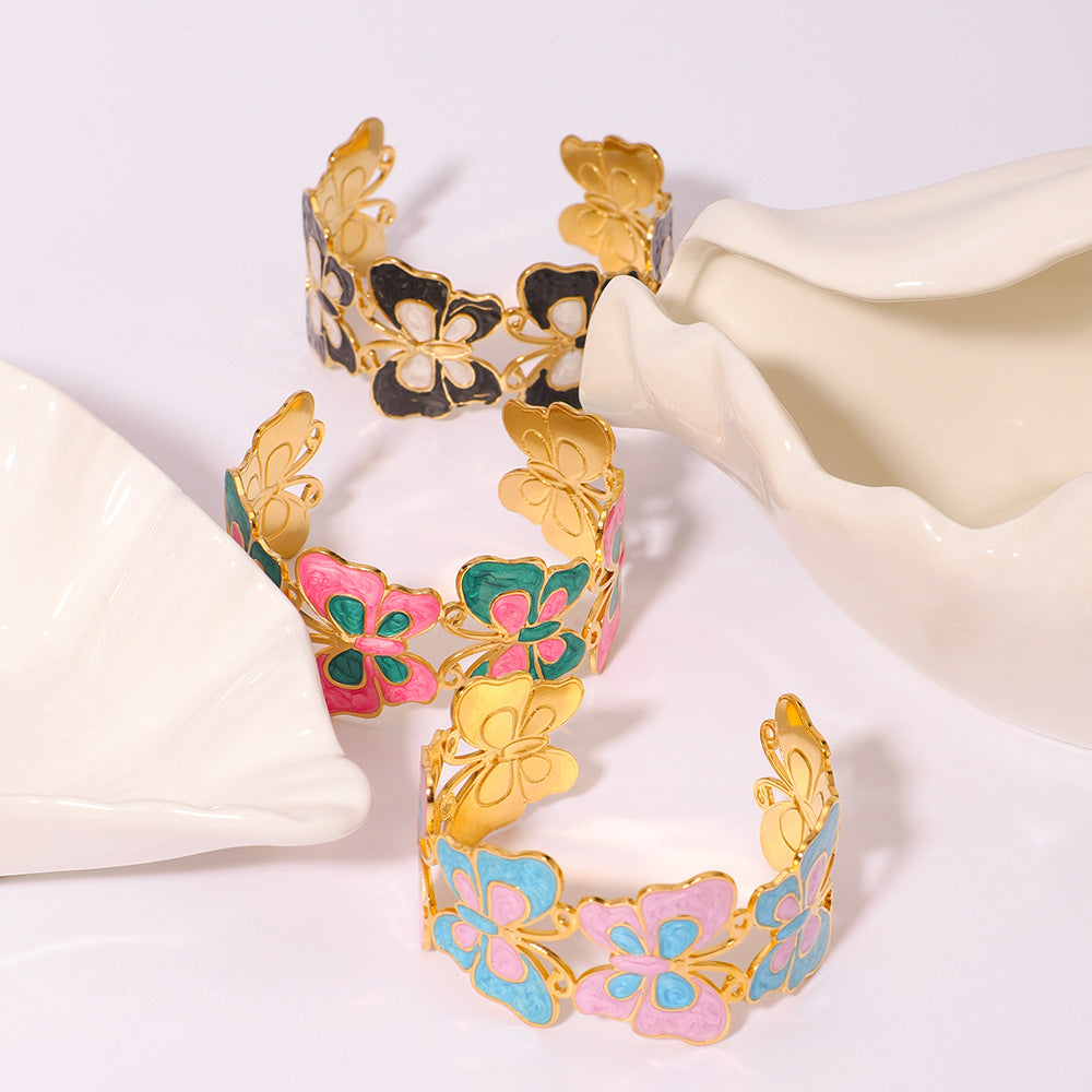 Chunky Stainless Steel 18K Gold Plated Women's Fashion Jewelry Cuff Bracelets Colorful Enameling Bangle Gift