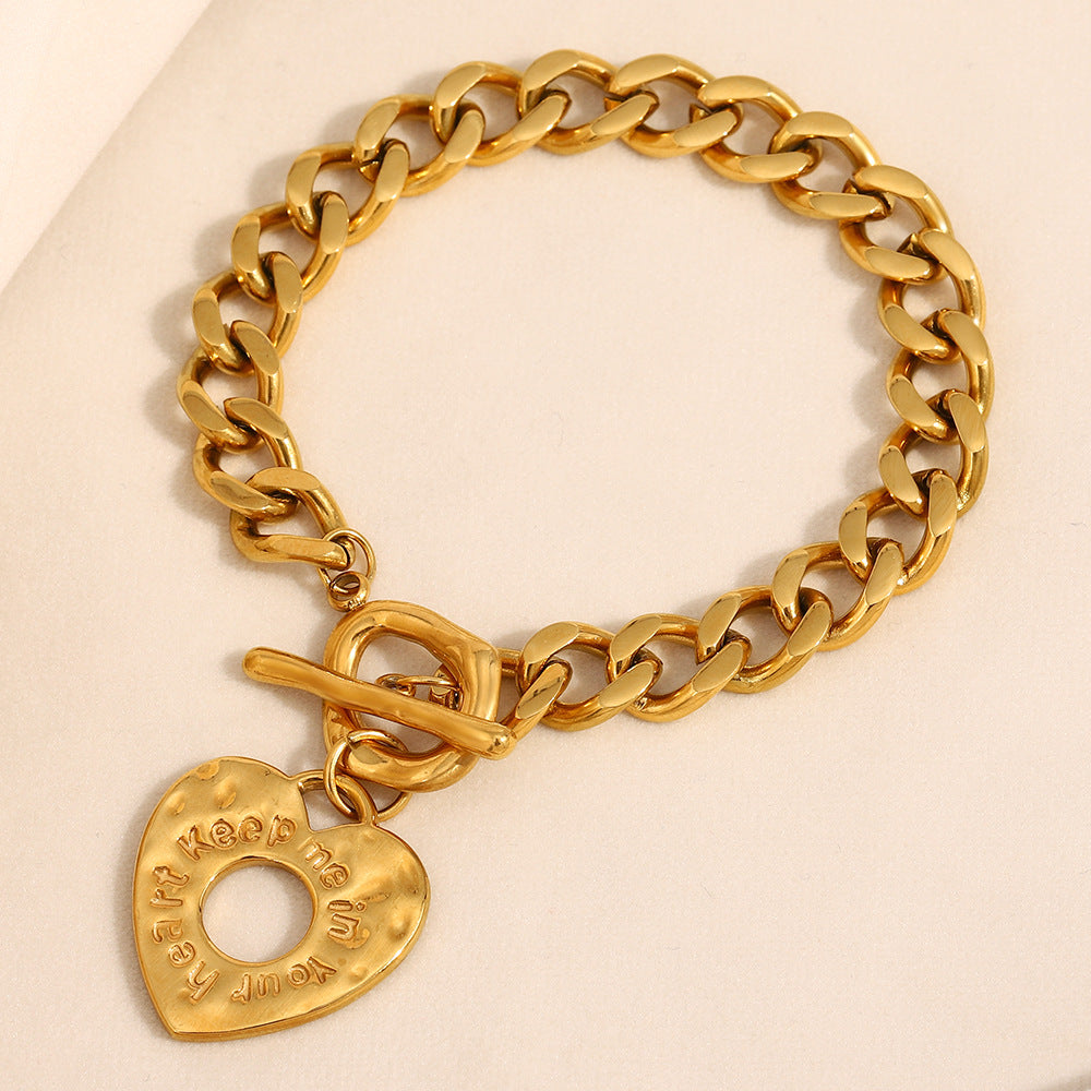 18K True Gold Plated Stainless Steel OT Buckle Chain Bracelet Trendy Fashion Jewelry 'Keep Me Your Heart' Engraved Valentine's