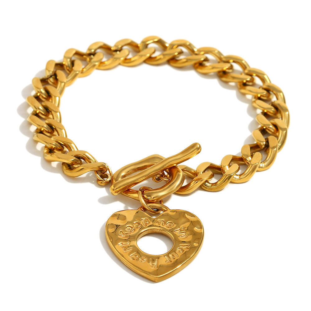 18K True Gold Plated Stainless Steel OT Buckle Chain Bracelet Trendy Fashion Jewelry 'Keep Me Your Heart' Engraved Valentine's