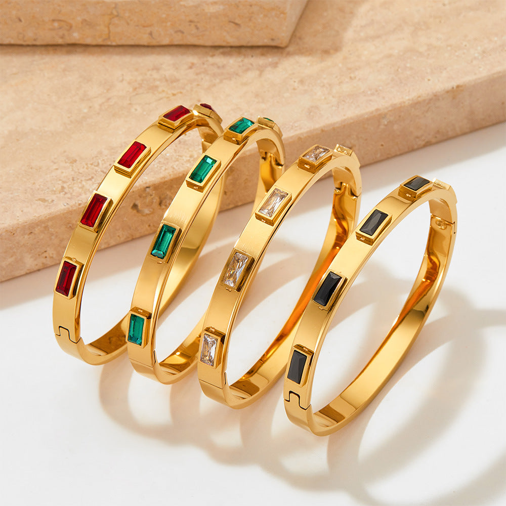 Fashion Open Close Stainless Steel Bangles with Colorful Zircon Ornaments 18K Gold Plated Fruit Design Women's Luxury Gift
