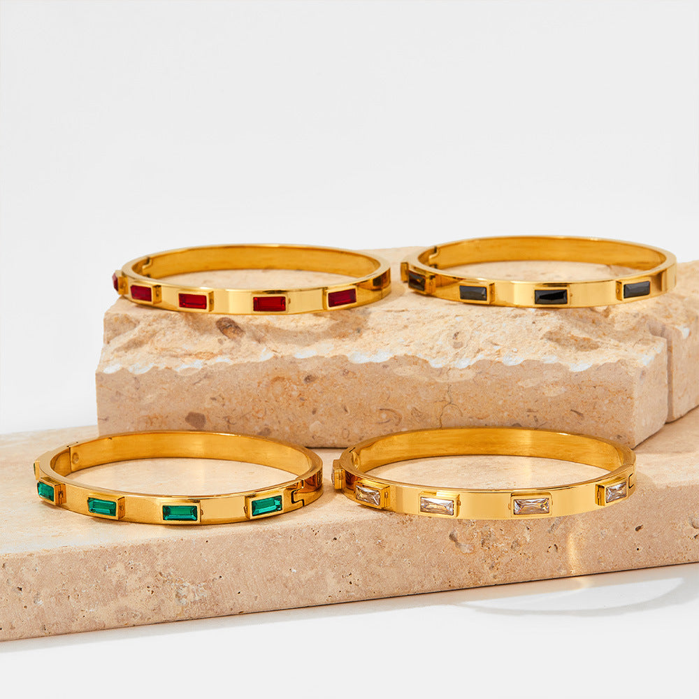 Fashion Open Close Stainless Steel Bangles with Colorful Zircon Ornaments 18K Gold Plated Fruit Design Women's Luxury Gift