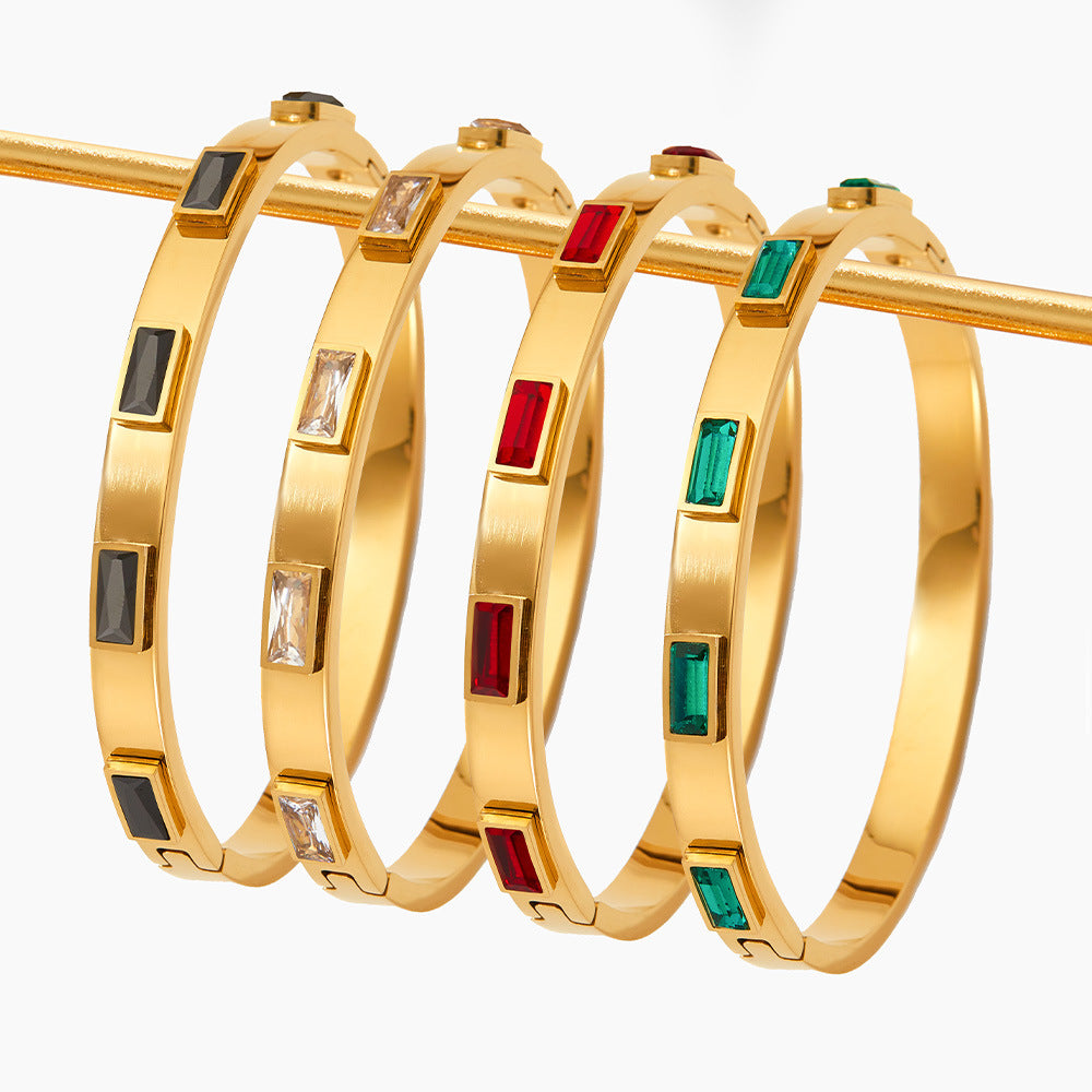 Fashion Open Close Stainless Steel Bangles with Colorful Zircon Ornaments 18K Gold Plated Fruit Design Women's Luxury Gift