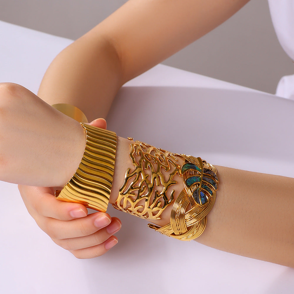 Chunky Stainless Steel 18K True Gold Plated Cute Open Cuff Bracelets & Bangles Fashion Jewelry for Girls-Gift