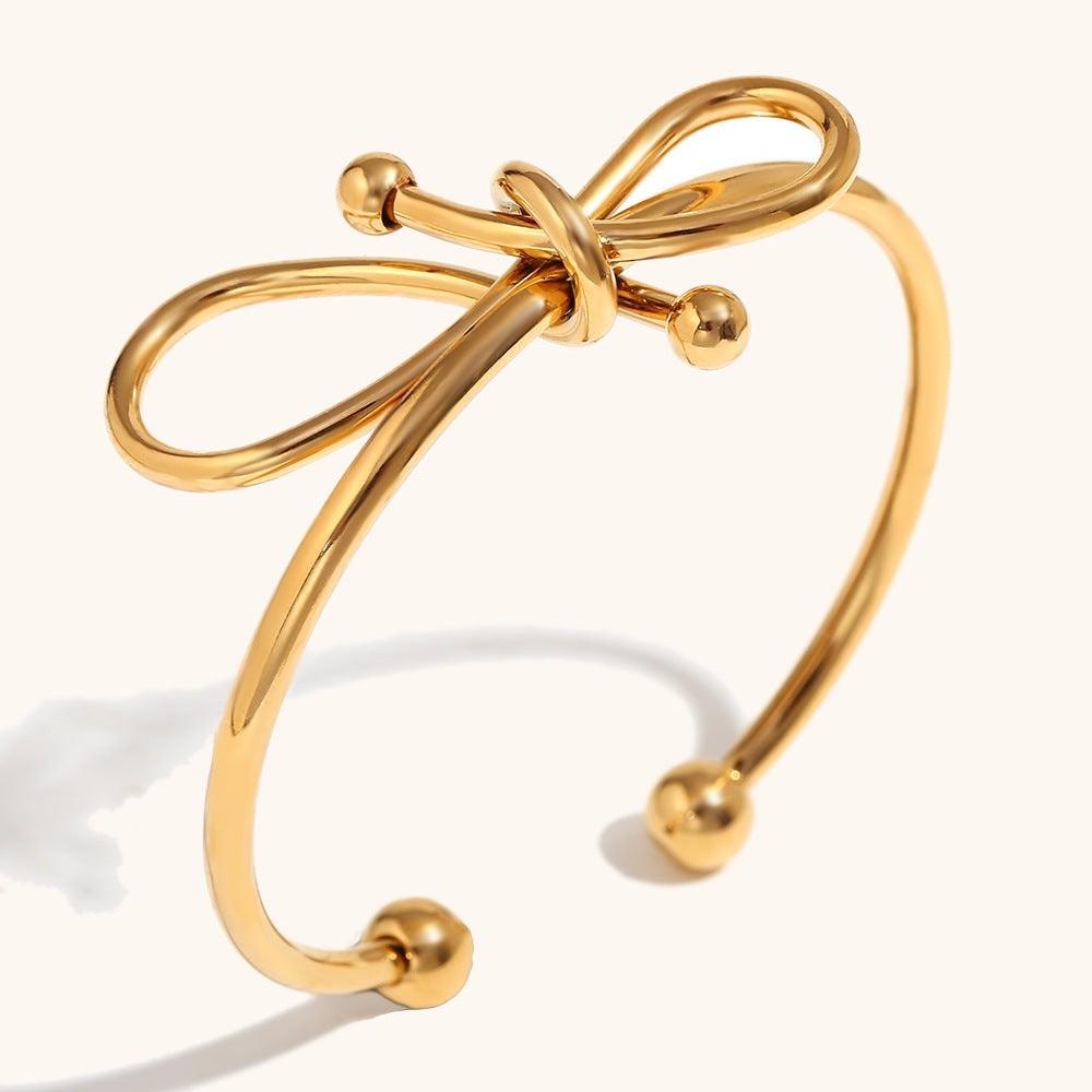 Gold and Silver 2-Tone Stainless Steel Bow Bangle Fashion Cuff Bracelets for Girls