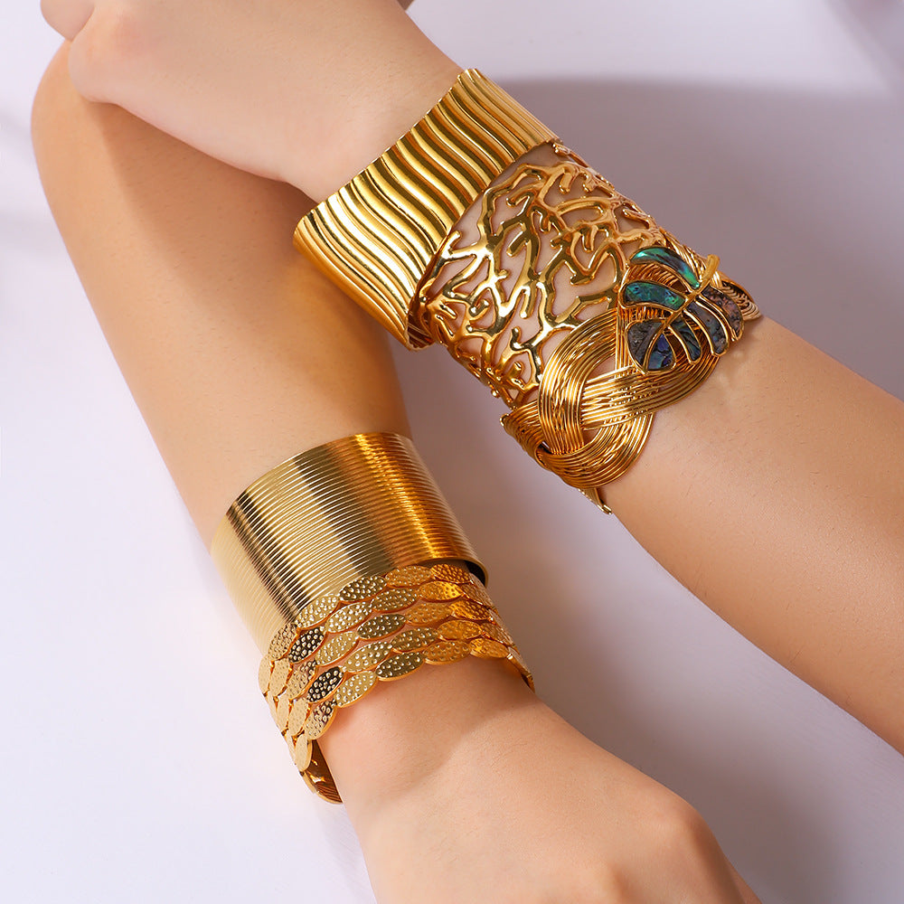 Chunky Stainless Steel 18K True Gold Plated Cute Open Cuff Bracelets & Bangles Fashion Jewelry for Girls-Gift