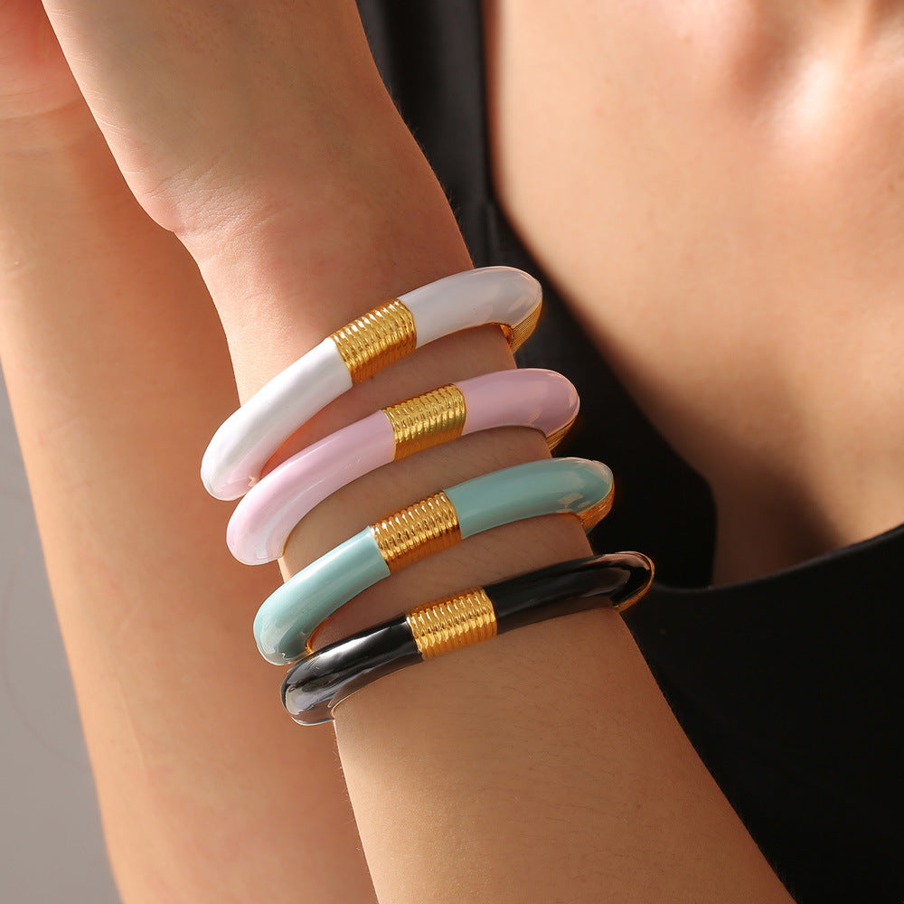 M01226B Stainless Steel Gold-Plated Cuff Bracelet Colorful Enamel Bangles Fashion Jewelry