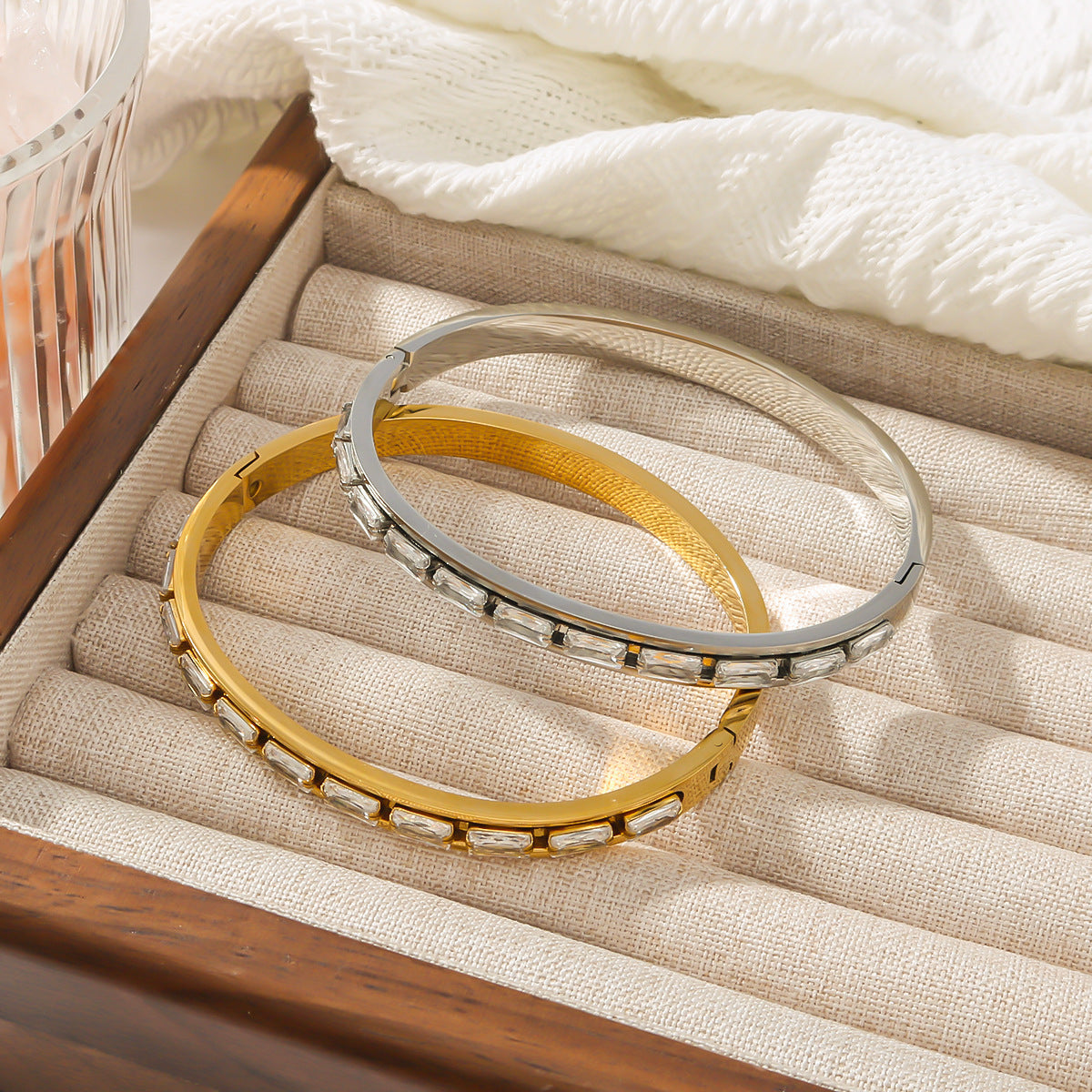 High Quality Stainless Steel Zircon Cuff Bracelets Waterproof Gold Plated Fashion Jewelry Bangles
