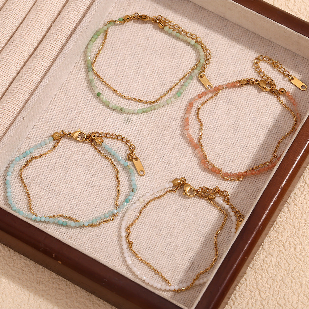 Best Selling Two Layers Bracelets Stainless Steel Gold Plated and Natural Stone Beads Adjustable Chain Bracelets Fashion Jewelry