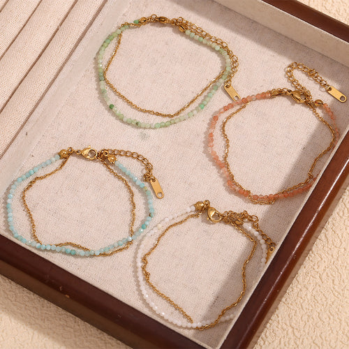 Best Selling Two Layers Bracelets Stainless Steel Gold Plated and Natural Stone Beads Adjustable Chain Bracelets Fashion Jewelry