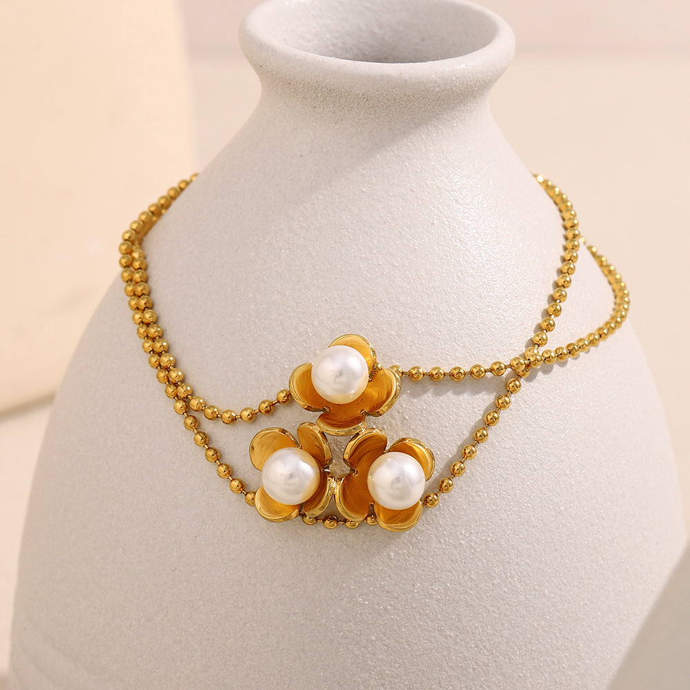 Factory Wholesale 18K Gold Plated Double-Layer Stainless Steel Chain Bracelet Crown Pattern Featuring Pearls Fashion