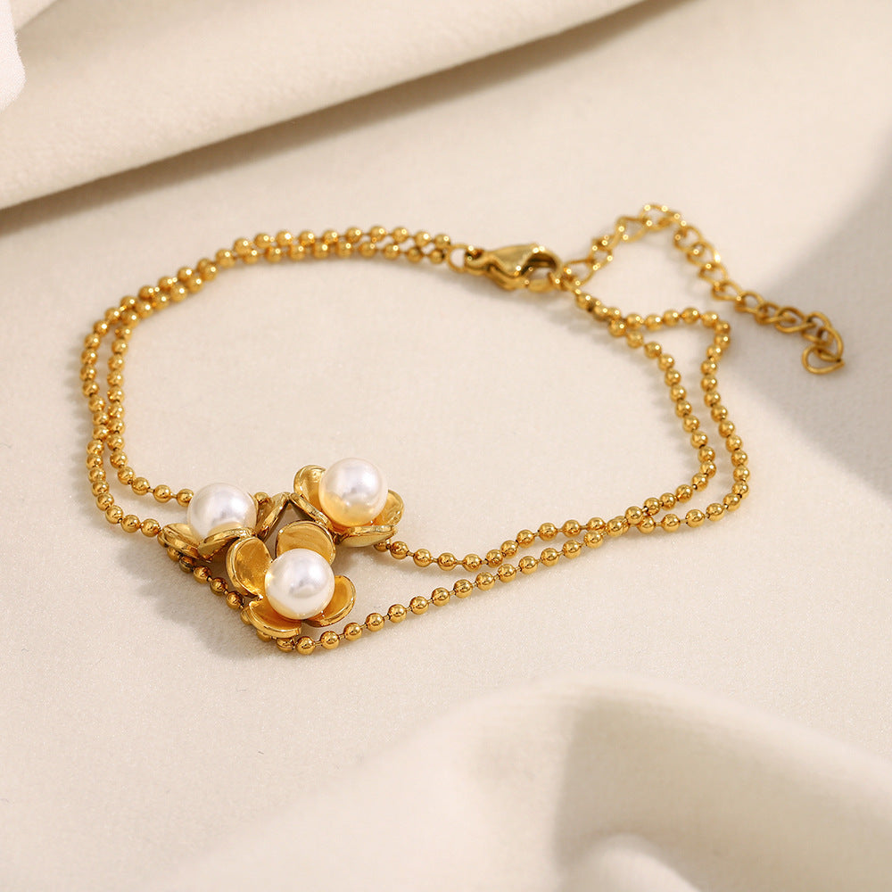 Factory Wholesale 18K Gold Plated Double-Layer Stainless Steel Chain Bracelet Crown Pattern Featuring Pearls Fashion