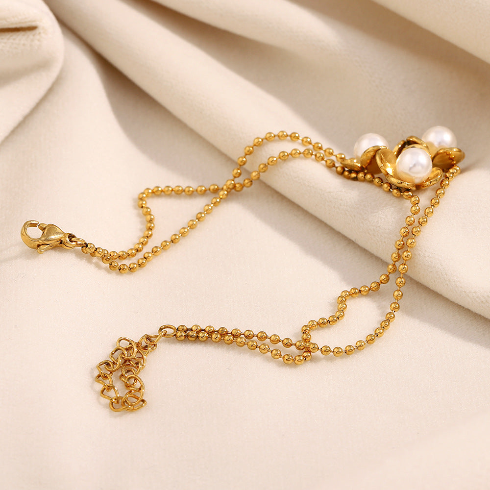 Factory Wholesale 18K Gold Plated Double-Layer Stainless Steel Chain Bracelet Crown Pattern Featuring Pearls Fashion