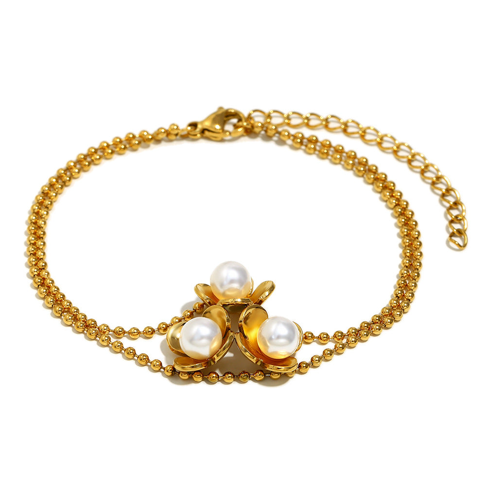 Factory Wholesale 18K Gold Plated Double-Layer Stainless Steel Chain Bracelet Crown Pattern Featuring Pearls Fashion