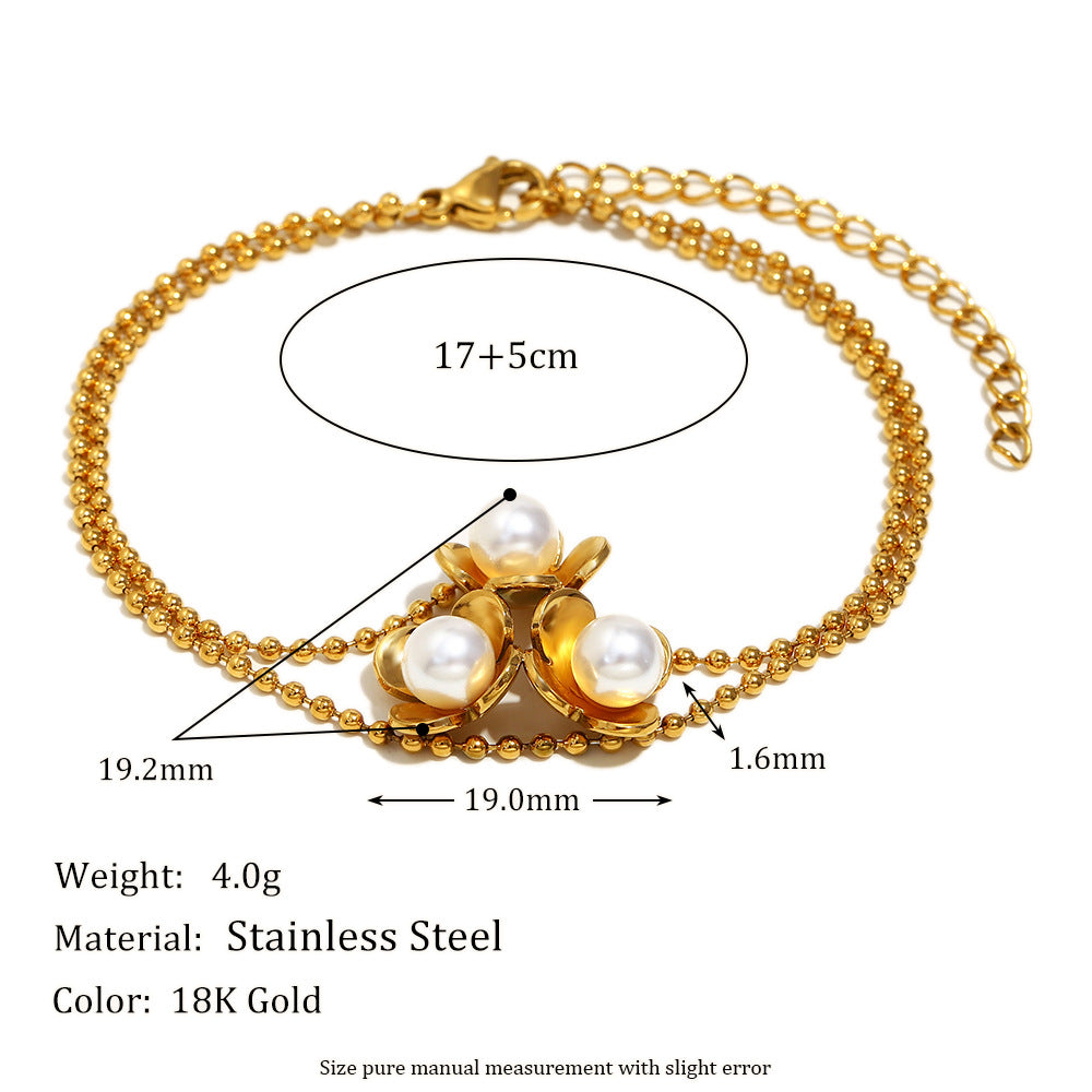Factory Wholesale 18K Gold Plated Double-Layer Stainless Steel Chain Bracelet Crown Pattern Featuring Pearls Fashion