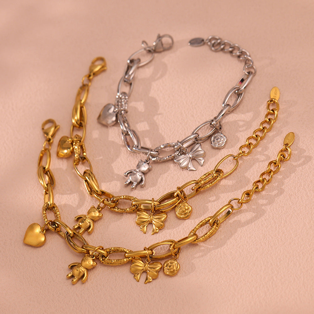 Best Valentine's Day Gift Trendy Stainless Steel Chain Bracelet Cute Bear Heart Bow Charm Gold-Plated Fashion Link Bracelets