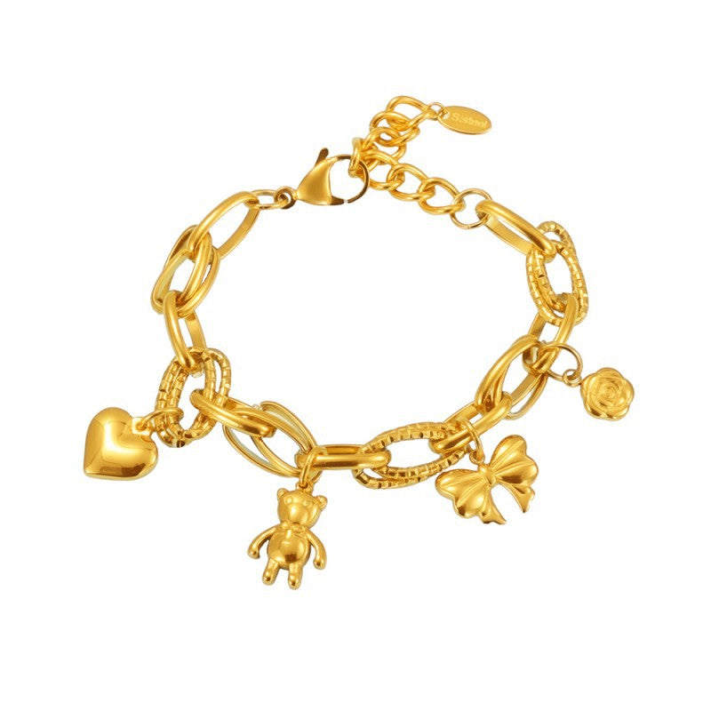 Best Valentine's Day Gift Trendy Stainless Steel Chain Bracelet Cute Bear Heart Bow Charm Gold-Plated Fashion Link Bracelets