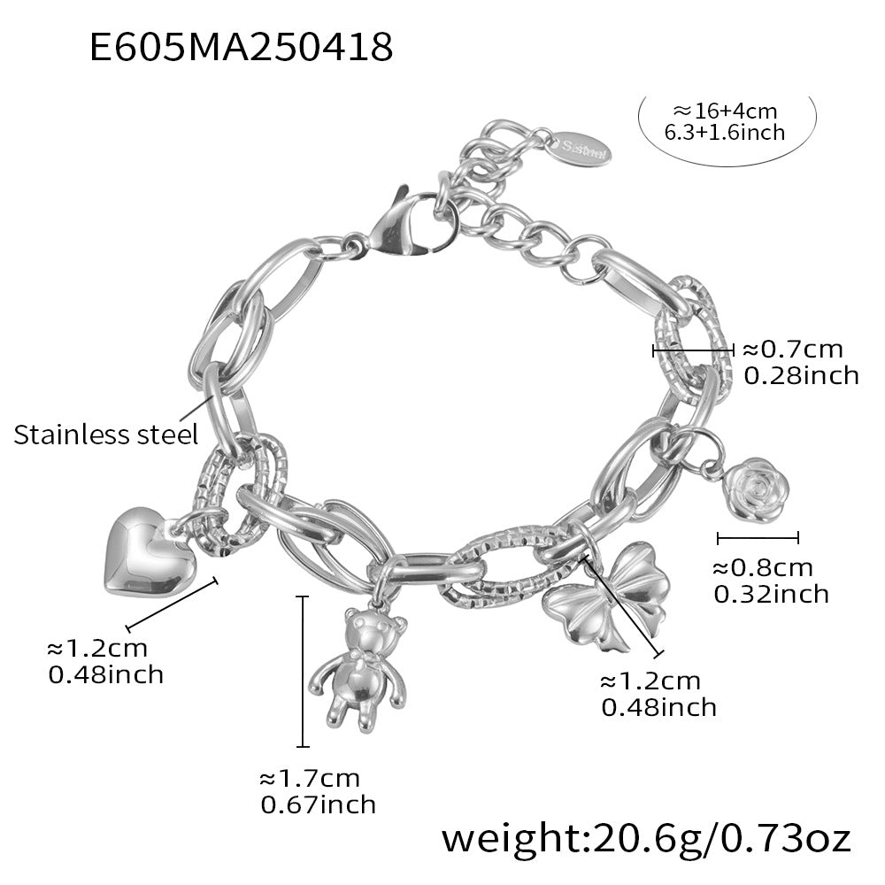 Best Valentine's Day Gift Trendy Stainless Steel Chain Bracelet Cute Bear Heart Bow Charm Gold-Plated Fashion Link Bracelets