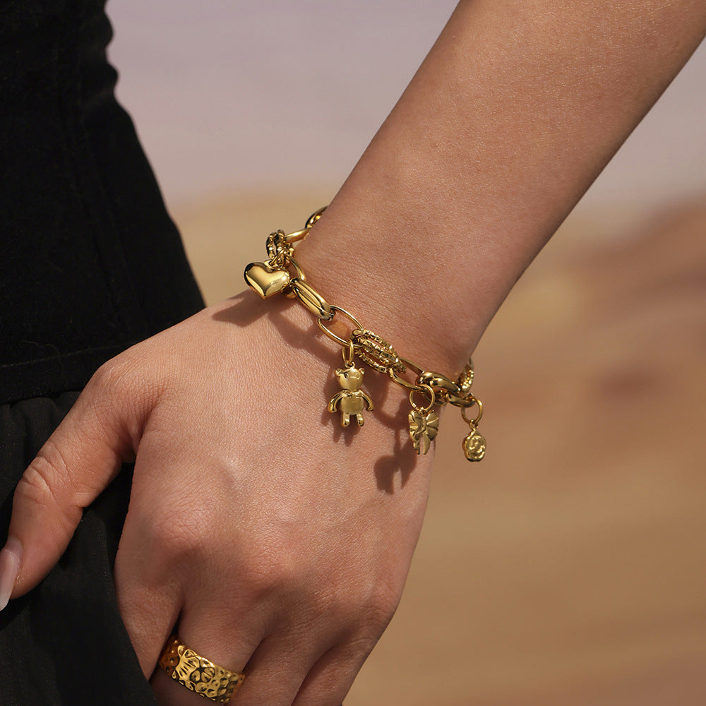 Best Valentine's Day Gift Trendy Stainless Steel Chain Bracelet Cute Bear Heart Bow Charm Gold-Plated Fashion Link Bracelets