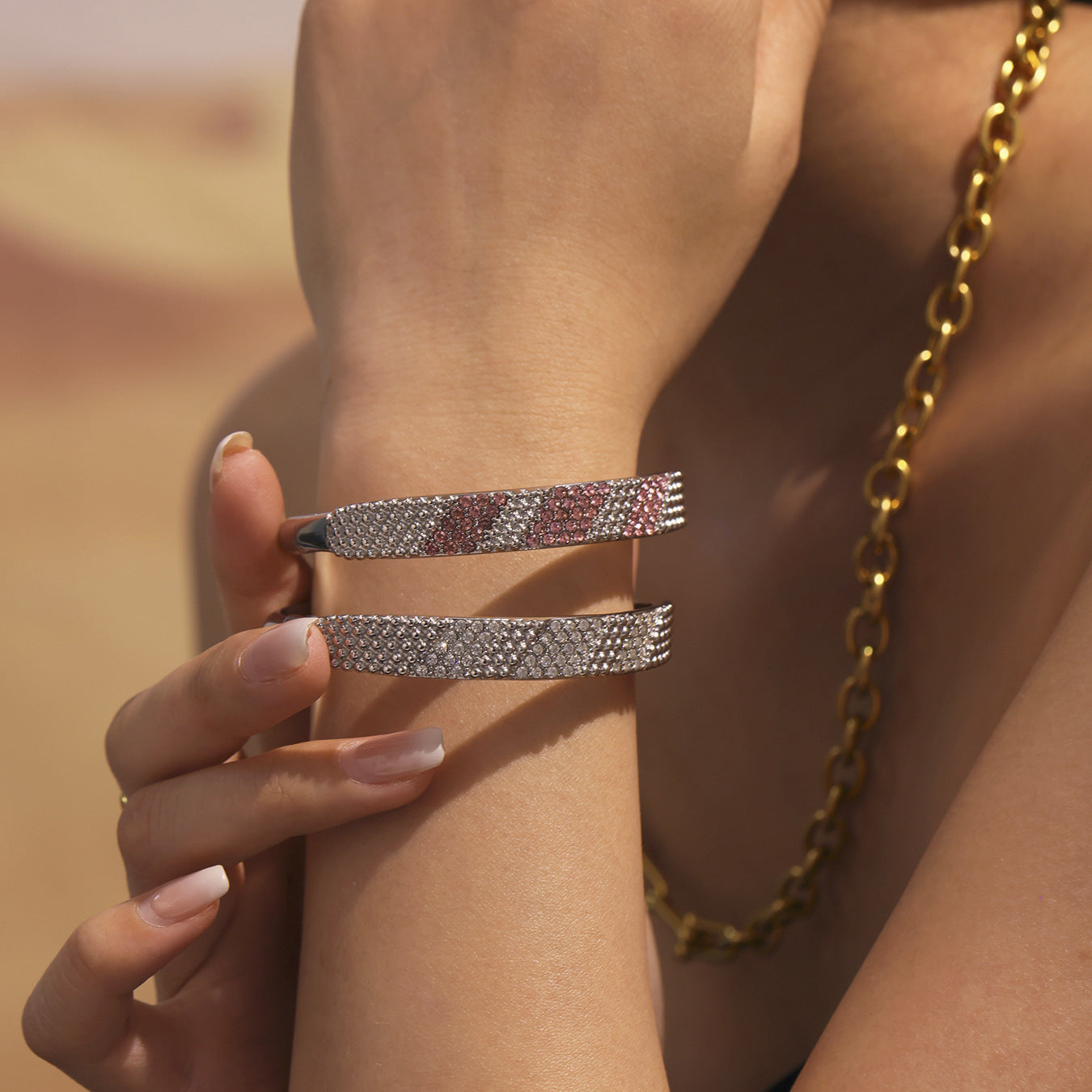 Stainless Steel Gold Plated Colorful pink Zircon Gold Bangle Bracelet Other Fashion Bracelets & Bangles