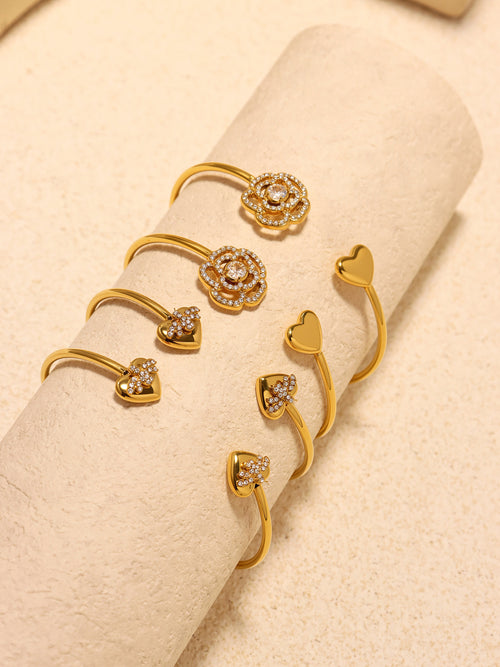 Best Selling Gold Plated Stainless Steel Zirconia Flower Bangles Fashion Cuff Bracelets for Girls Wholesale Jewelry