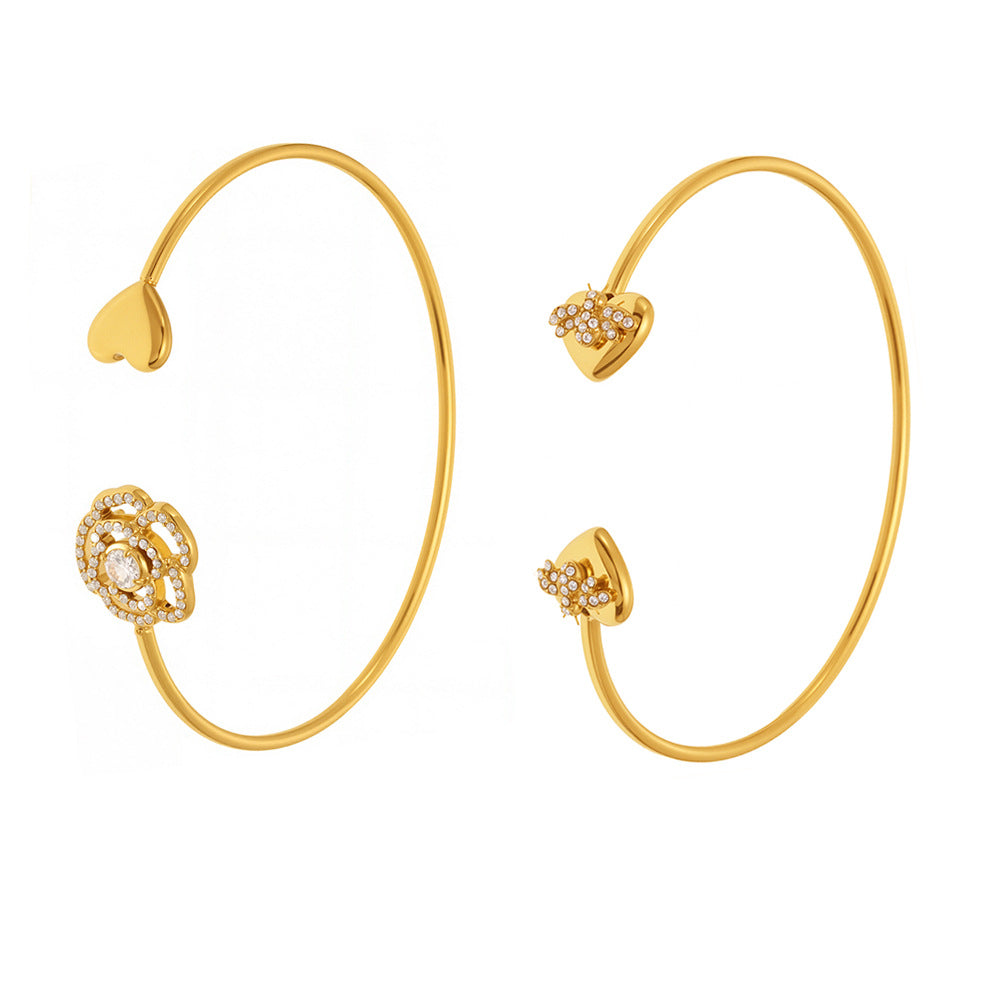 Best Selling Gold Plated Stainless Steel Zirconia Flower Bangles Fashion Cuff Bracelets for Girls Wholesale Jewelry