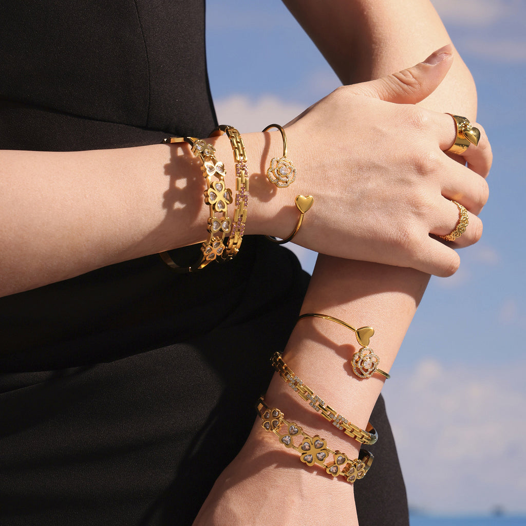 Best Selling Gold Plated Stainless Steel Zirconia Flower Bangles Fashion Cuff Bracelets for Girls Wholesale Jewelry
