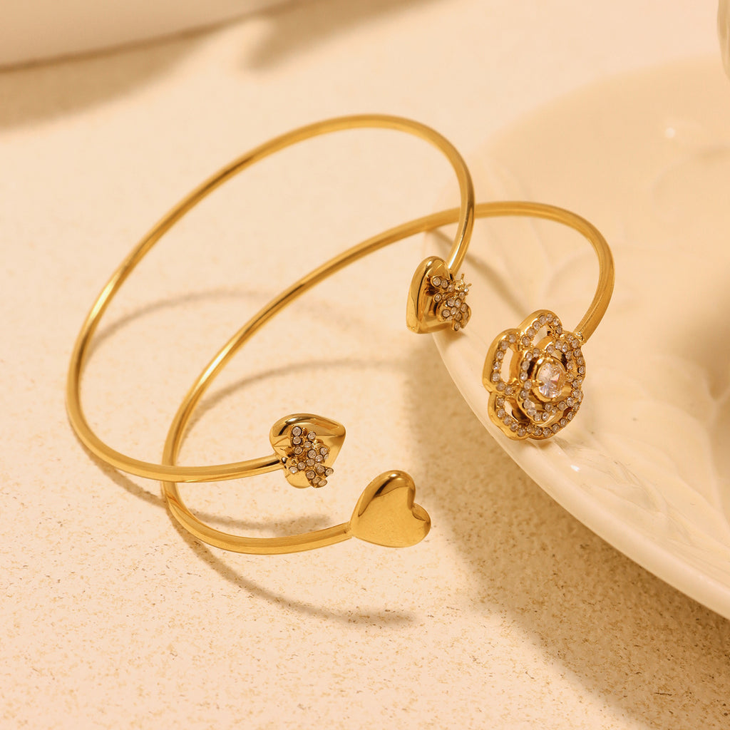 Best Selling Gold Plated Stainless Steel Zirconia Flower Bangles Fashion Cuff Bracelets for Girls Wholesale Jewelry