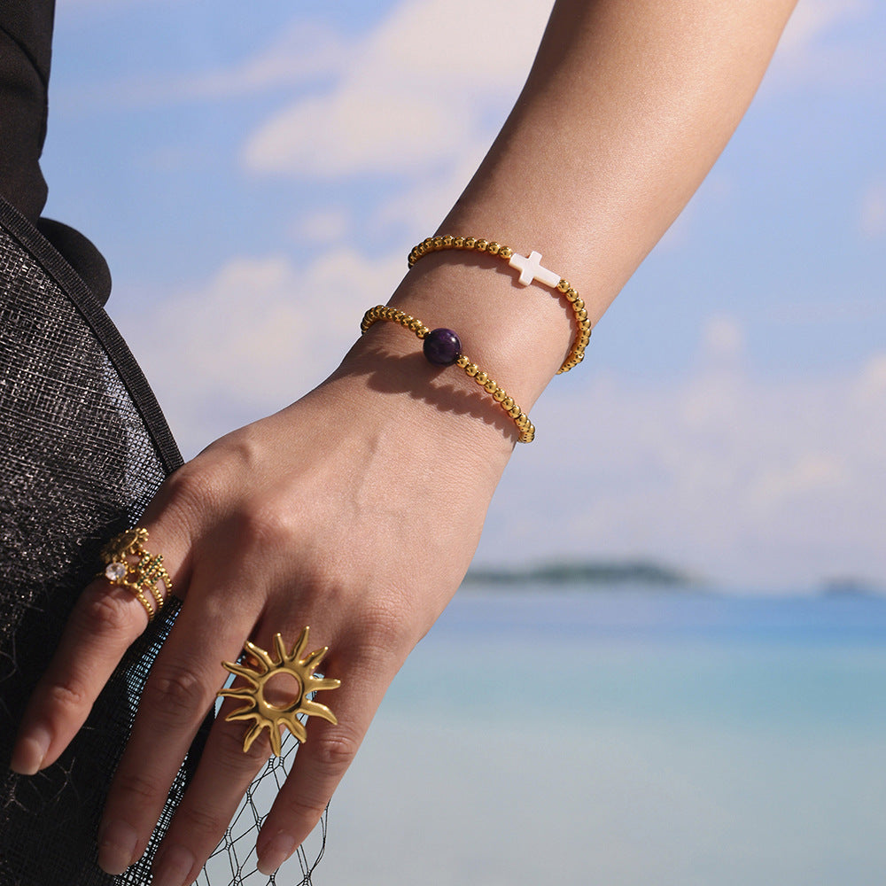 True Gold Plated Stainless Steel Beaded Bracelets with Natural Shell and Agate Waterproof Factory Wholesale Low MOQ