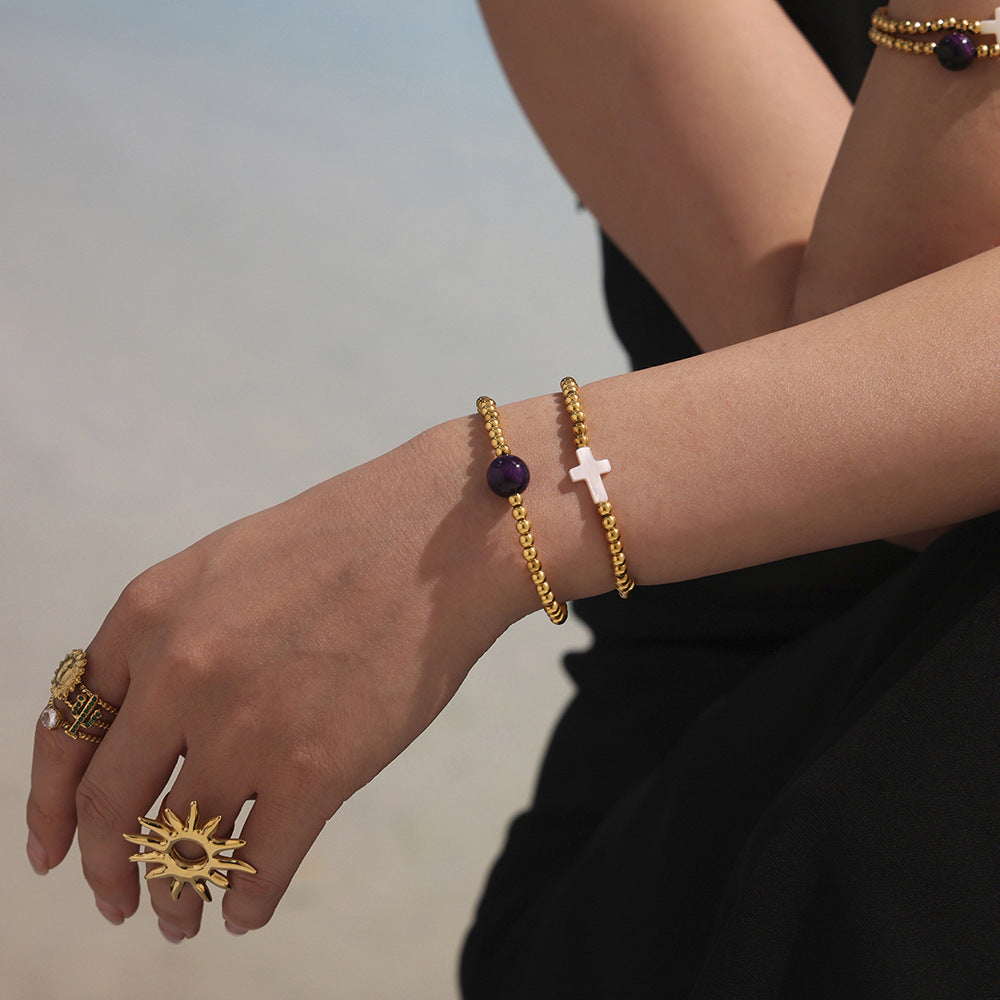 True Gold Plated Stainless Steel Beaded Bracelets with Natural Shell and Agate Waterproof Factory Wholesale Low MOQ