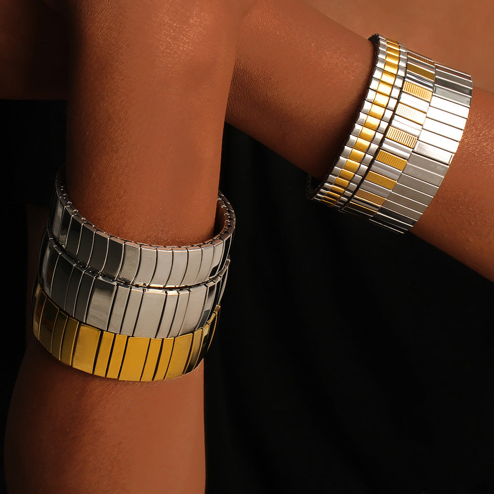Unisex 18K Gold PVD Plated Stainless Steel Elastic Chain Fashion Cuff Bracelets