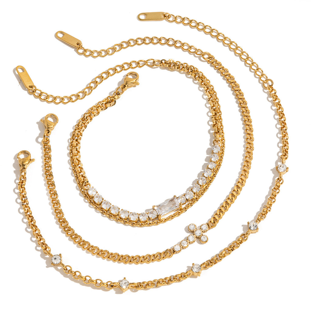 Customizable White Zircon 18K Gold Plated Stainless Steel Chain Bracelets Adjustable Trendy Cross Pattern Bangles for Gift
