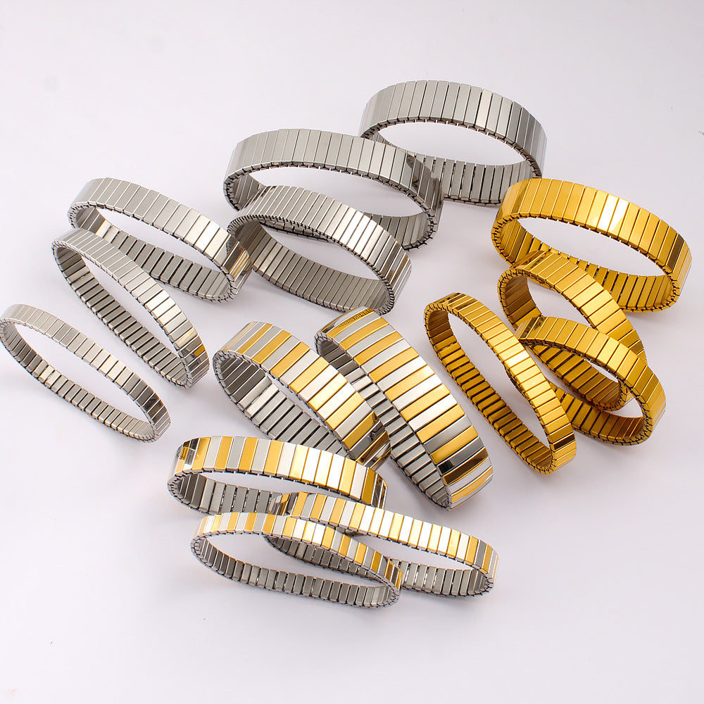 Unisex 18K Gold PVD Plated Stainless Steel Elastic Chain Fashion Cuff Bracelets