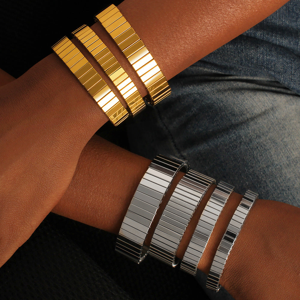 Unisex 18K Gold PVD Plated Stainless Steel Elastic Chain Fashion Cuff Bracelets