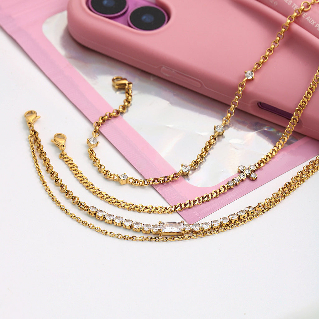 Customizable White Zircon 18K Gold Plated Stainless Steel Chain Bracelets Adjustable Trendy Cross Pattern Bangles for Gift