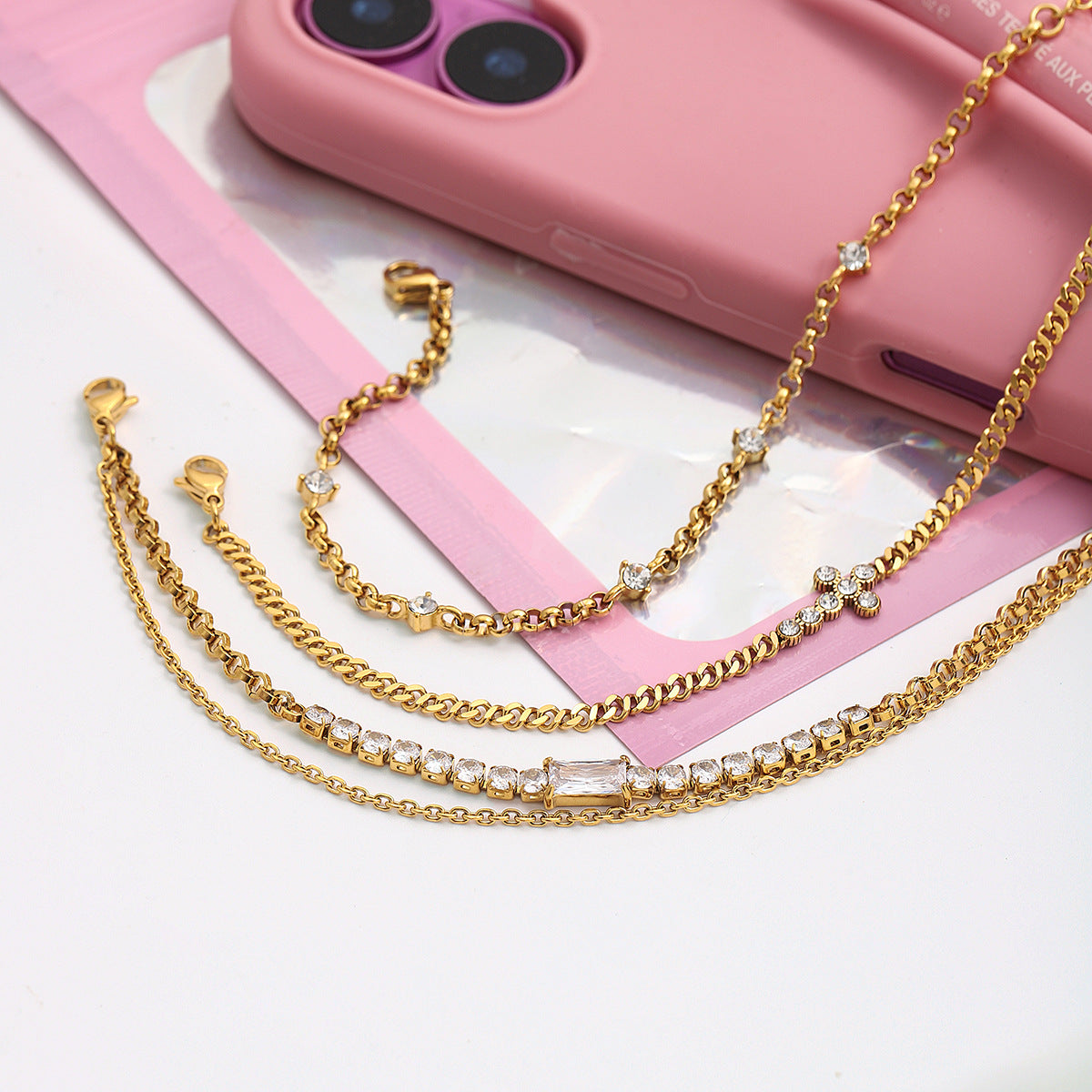 Customizable White Zircon 18K Gold Plated Stainless Steel Chain Bracelets Adjustable Trendy Cross Pattern Bangles for Gift
