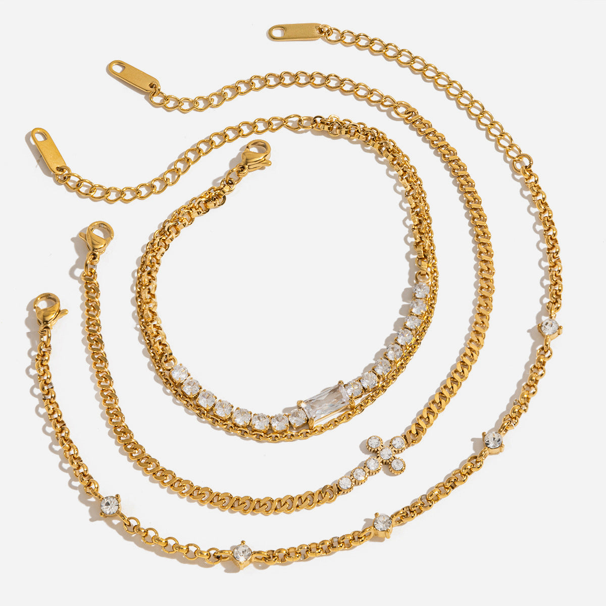 Customizable White Zircon 18K Gold Plated Stainless Steel Chain Bracelets Adjustable Trendy Cross Pattern Bangles for Gift