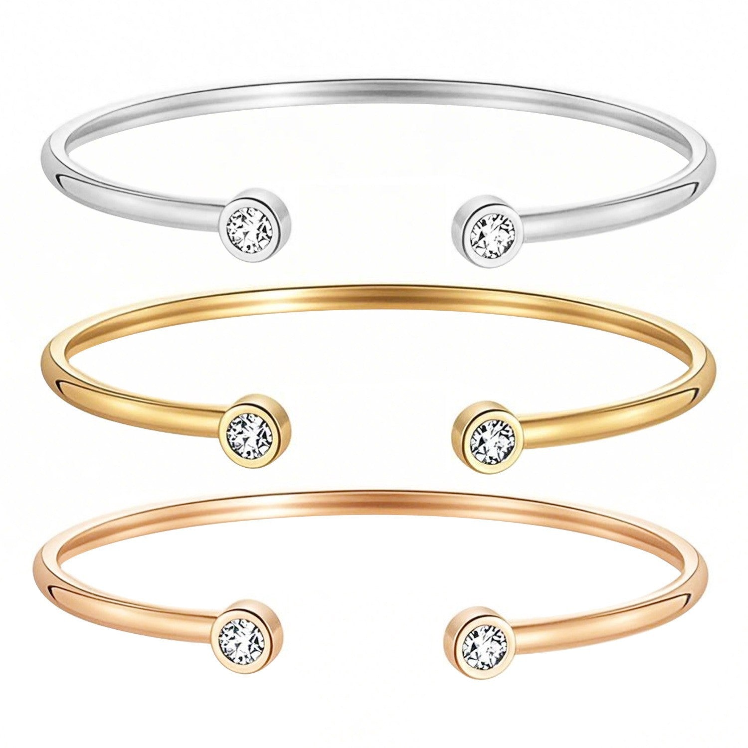 Customizable Vintage 18K Gold Plated Stainless Steel Bangles with White Zircon Stones Heart Square Water Drop Shapes for Unisex