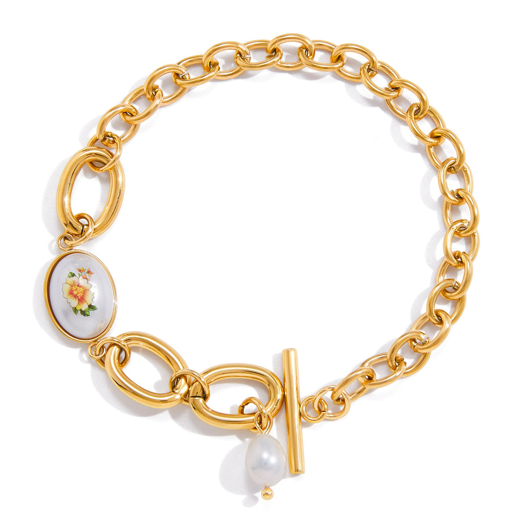 Customizable 18K Gold PVD Plated Stainless Steel Fashion Chain Link Bracelets Freshwater Pearl & Geometric Shape Bracelets