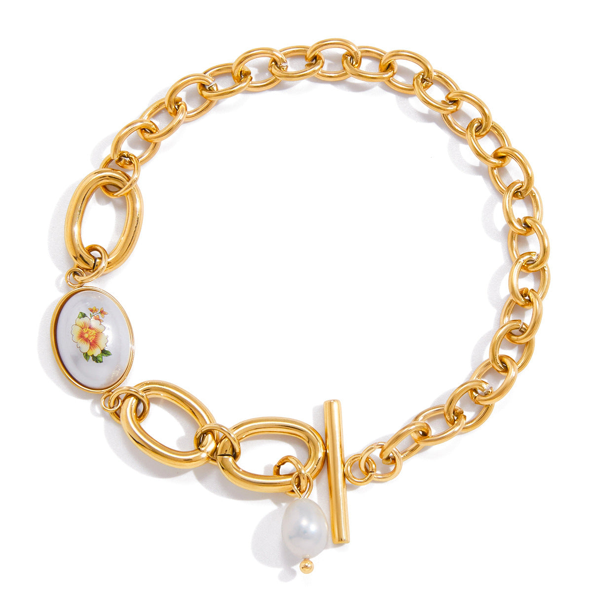 Customizable 18K Gold PVD Plated Stainless Steel Fashion Chain Link Bracelets Freshwater Pearl & Geometric Shape Bracelets