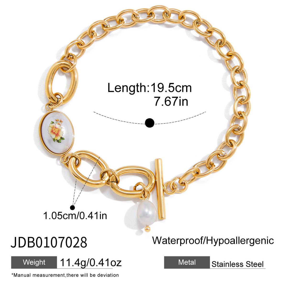 Customizable 18K Gold PVD Plated Stainless Steel Fashion Chain Link Bracelets Freshwater Pearl & Geometric Shape Bracelets