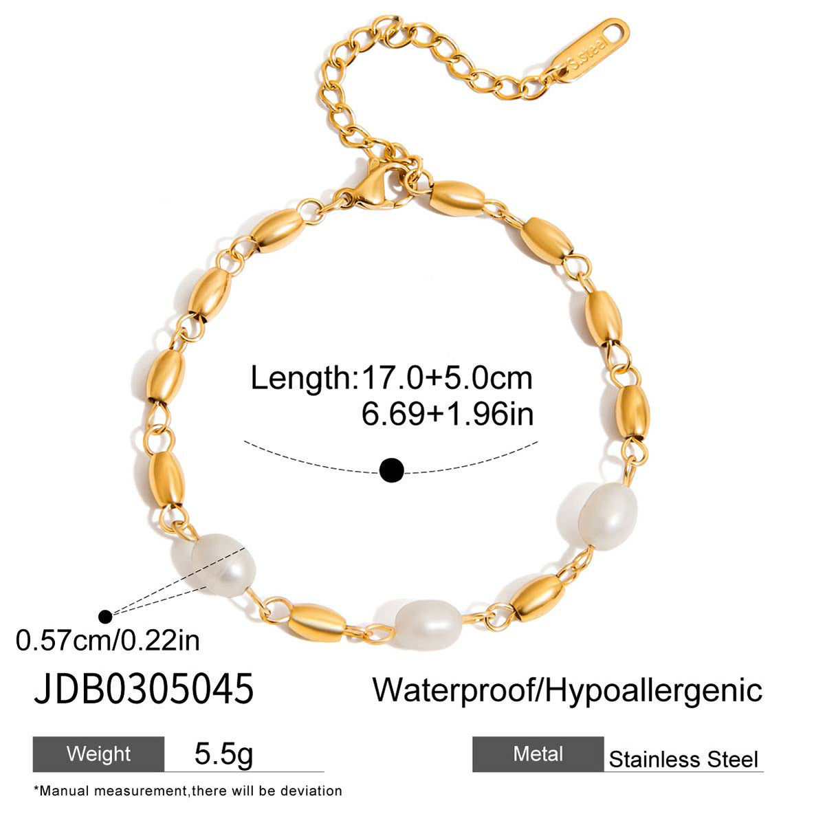 Customizable 18K Gold PVD Plated Stainless Steel Fashion Chain Link Bracelets Freshwater Pearl & Geometric Shape Bracelets
