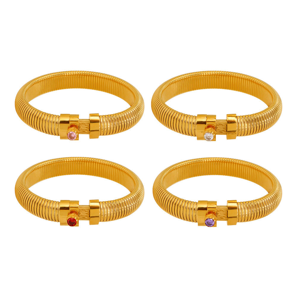 Customizable PVD 18K Gold Plated Stainless Steel Punk Style Crown Shape Chunky Bangles with Zircons