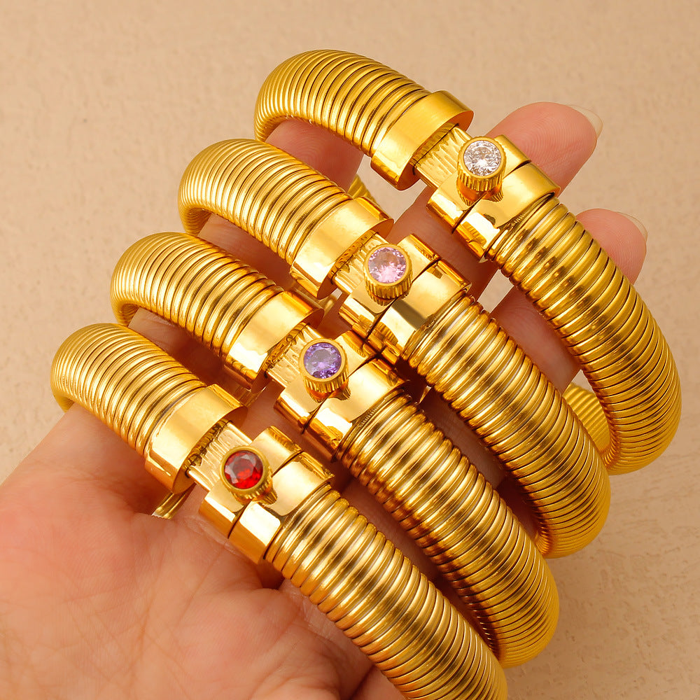 Customizable PVD 18K Gold Plated Stainless Steel Punk Style Crown Shape Chunky Bangles with Zircons