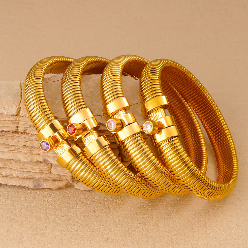 Customizable PVD 18K Gold Plated Stainless Steel Punk Style Crown Shape Chunky Bangles with Zircons