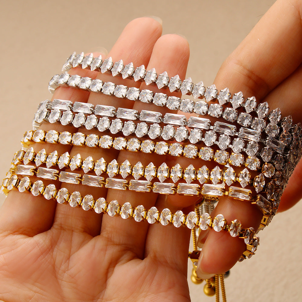Customizable Trendy White Zircon PVD 18K Gold Plated Stainless Steel Adjustable Sliding Chain Link Bracelets & Bangles for Women