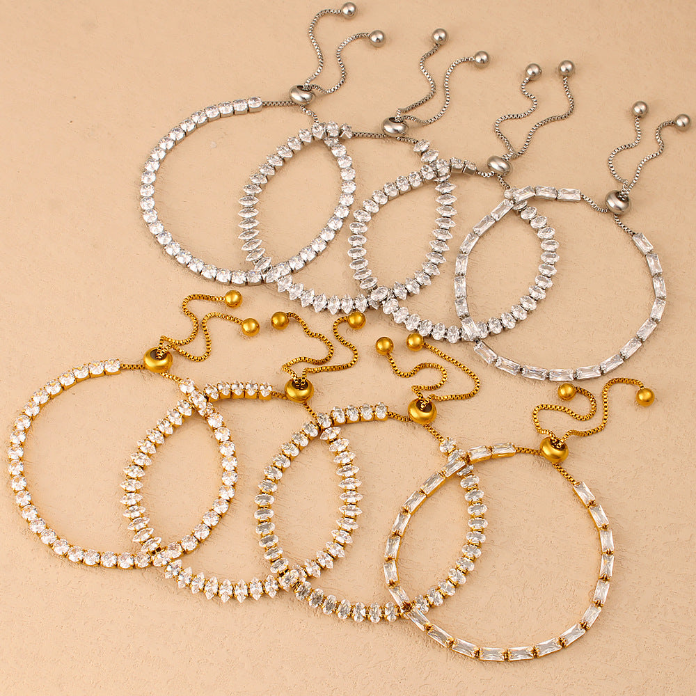 Customizable Trendy White Zircon PVD 18K Gold Plated Stainless Steel Adjustable Sliding Chain Link Bracelets & Bangles for Women