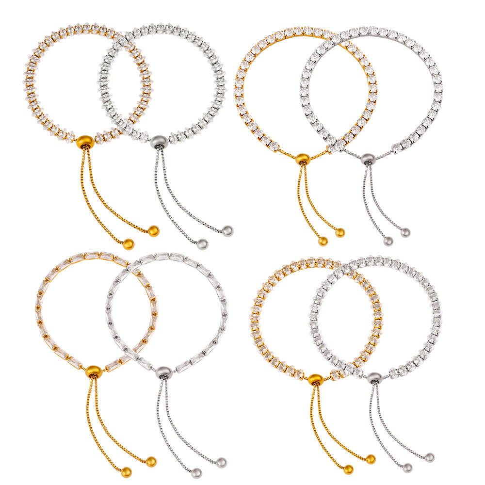 Customizable Trendy White Zircon PVD 18K Gold Plated Stainless Steel Adjustable Sliding Chain Link Bracelets & Bangles for Women