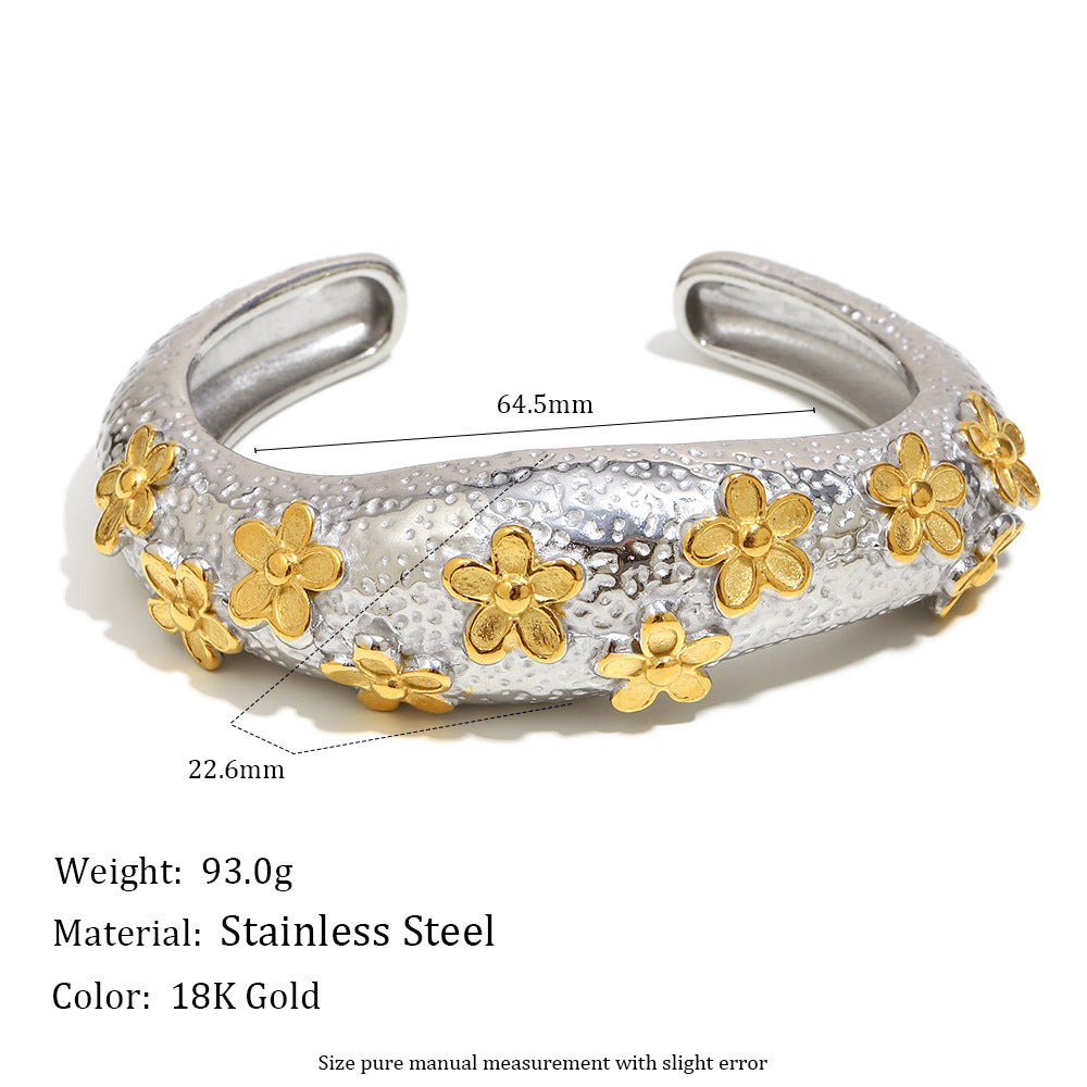 Wholesale Open Bangle Fashion Cuff Bracelets Real 18k Gold PVD Plated Stainless Steel with Gold Flowers